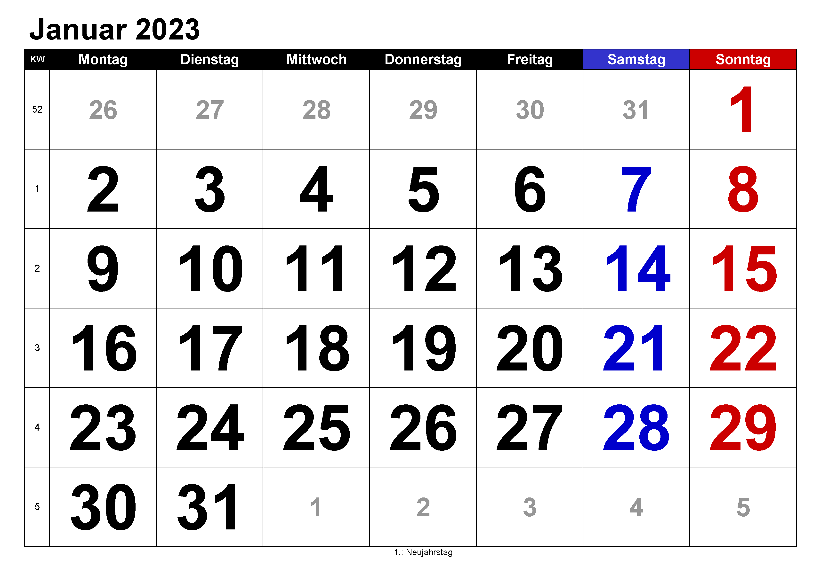 Kalender Januar 2023 Zum Ausdrucken