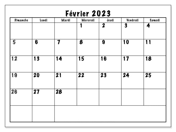 2023 Février Calendrier