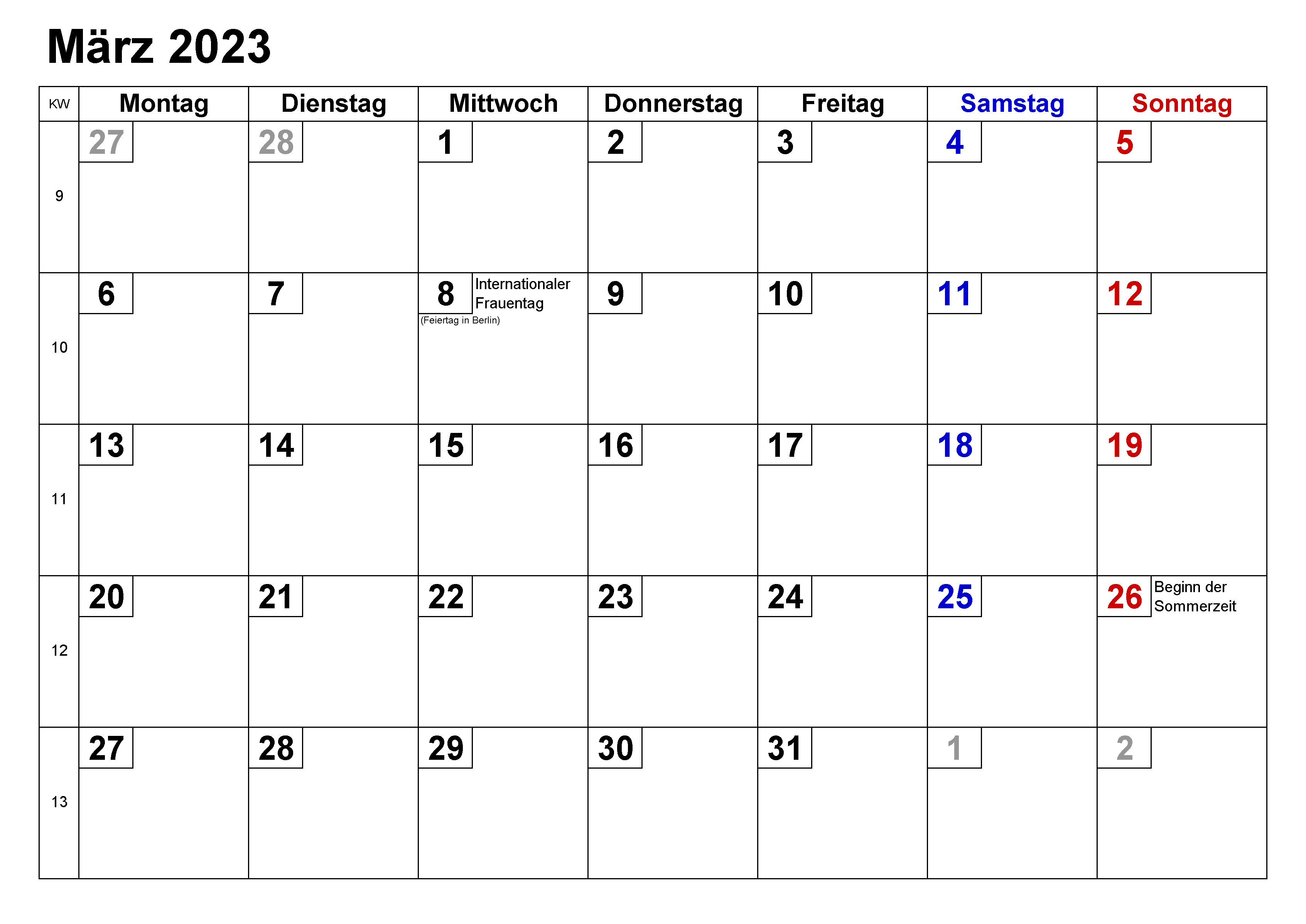 Kalender März 2023 Zum Ausdrucken Notizen Docalendario