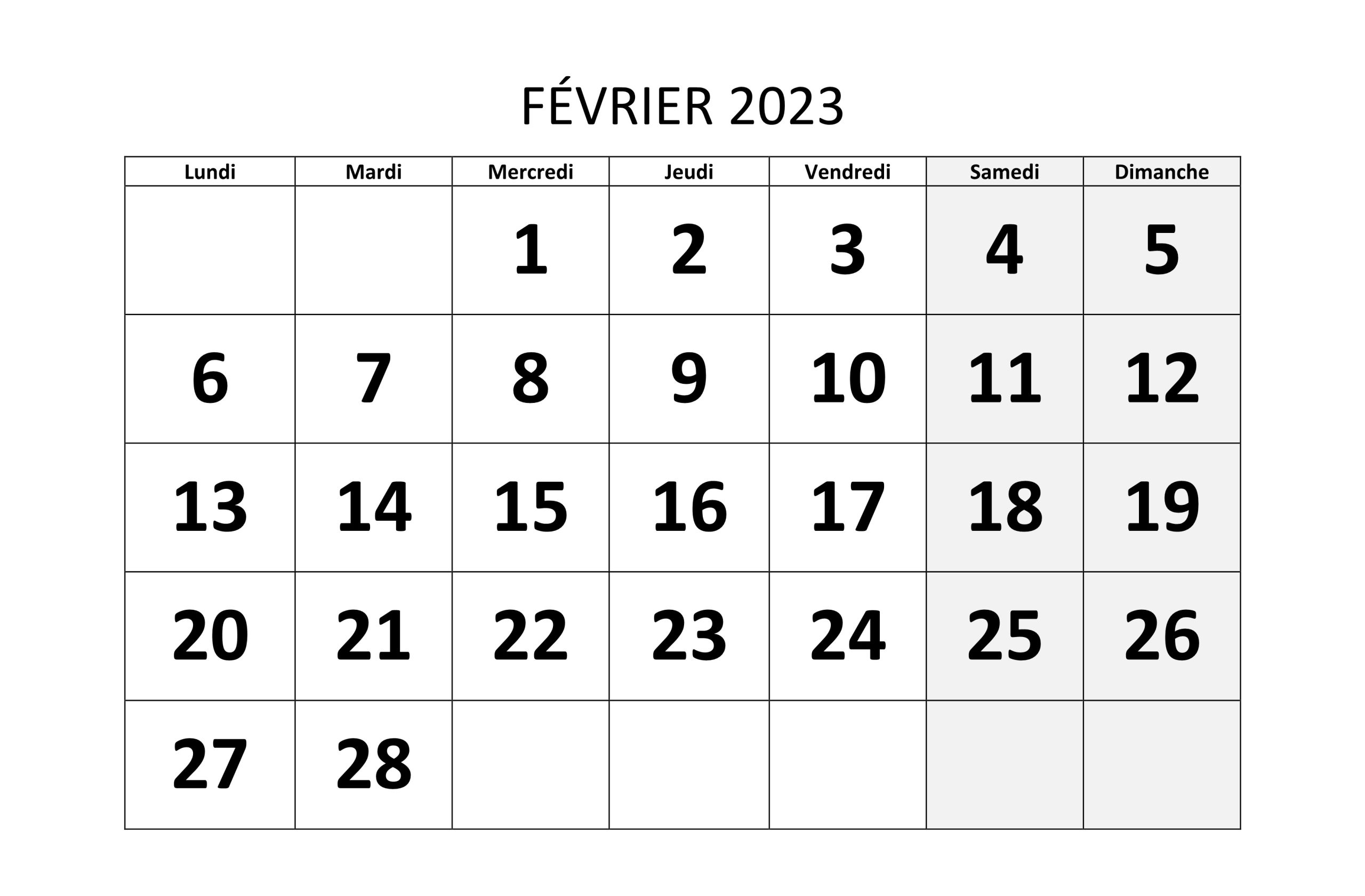 Blanc Février Calendrier 2023