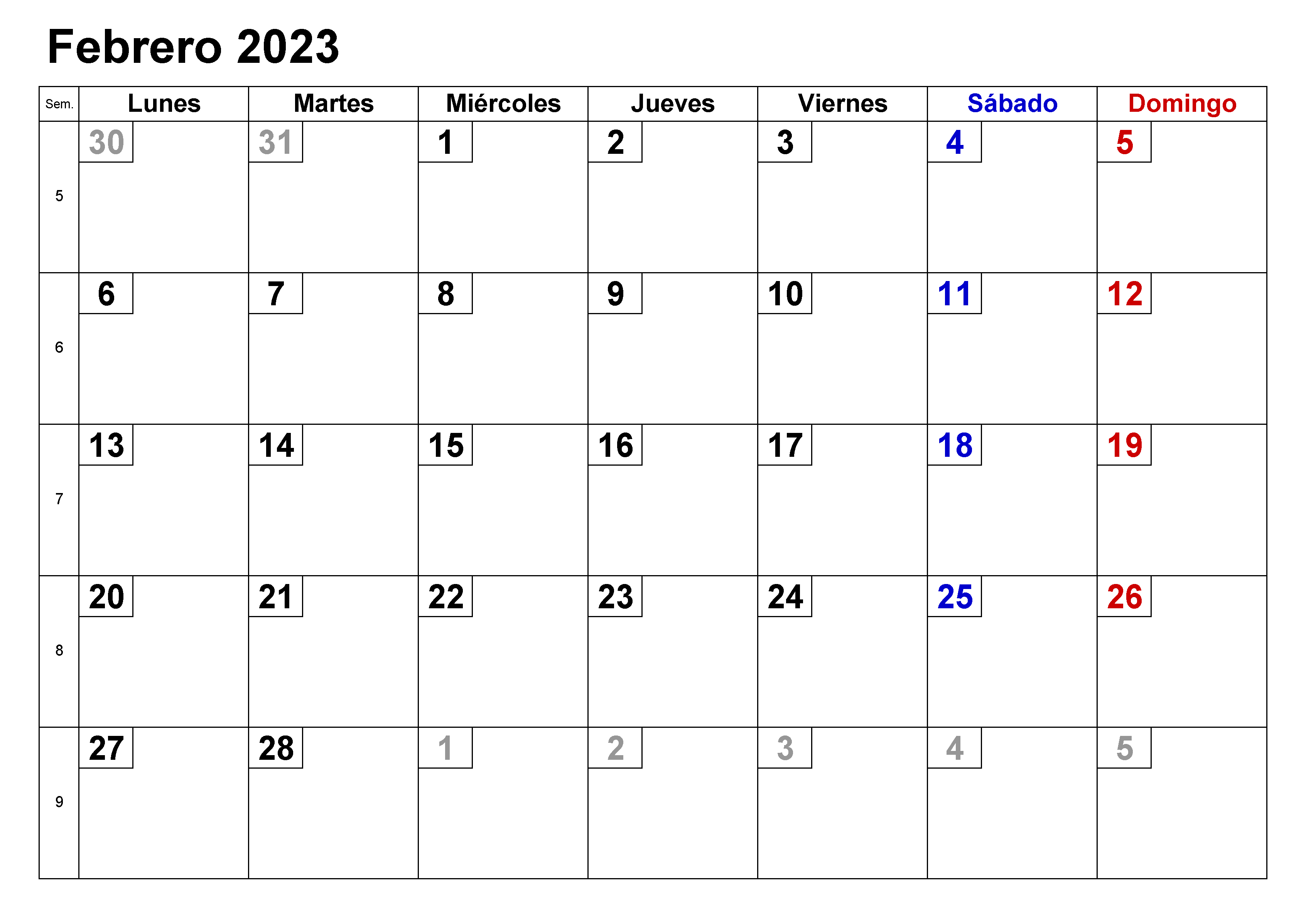 Calendario Febrero 2023 Planificador