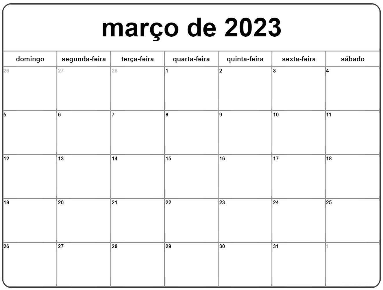 Calendário Março 2023 Imprimir