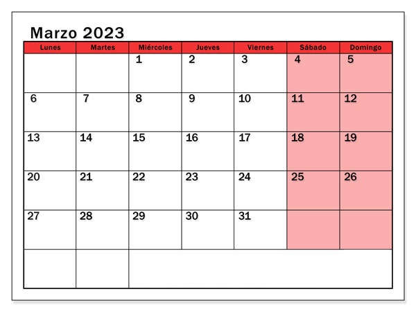 Calendario Marzo 2023 Chile