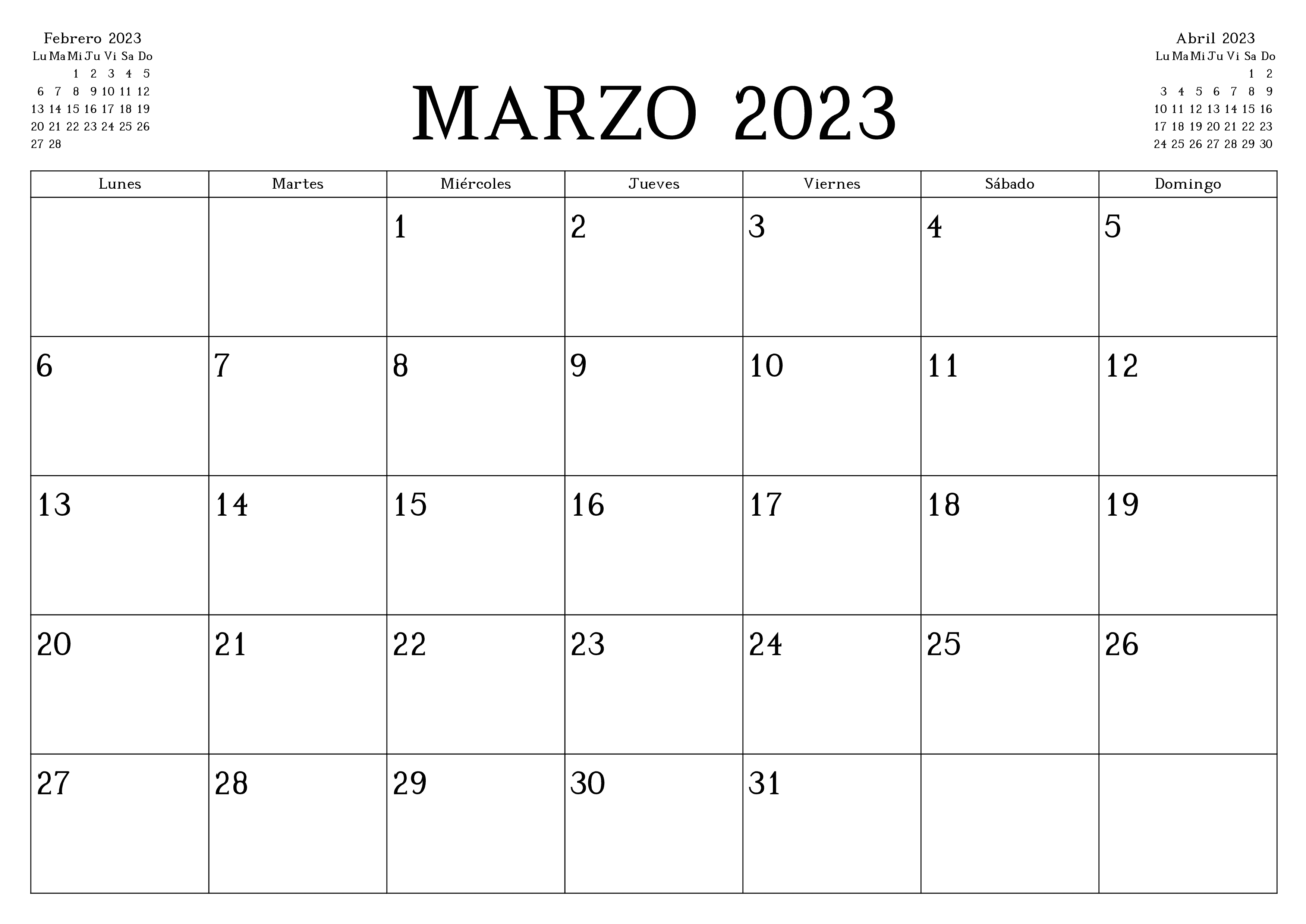 Calendario Marzo 2023 Para Imprimir