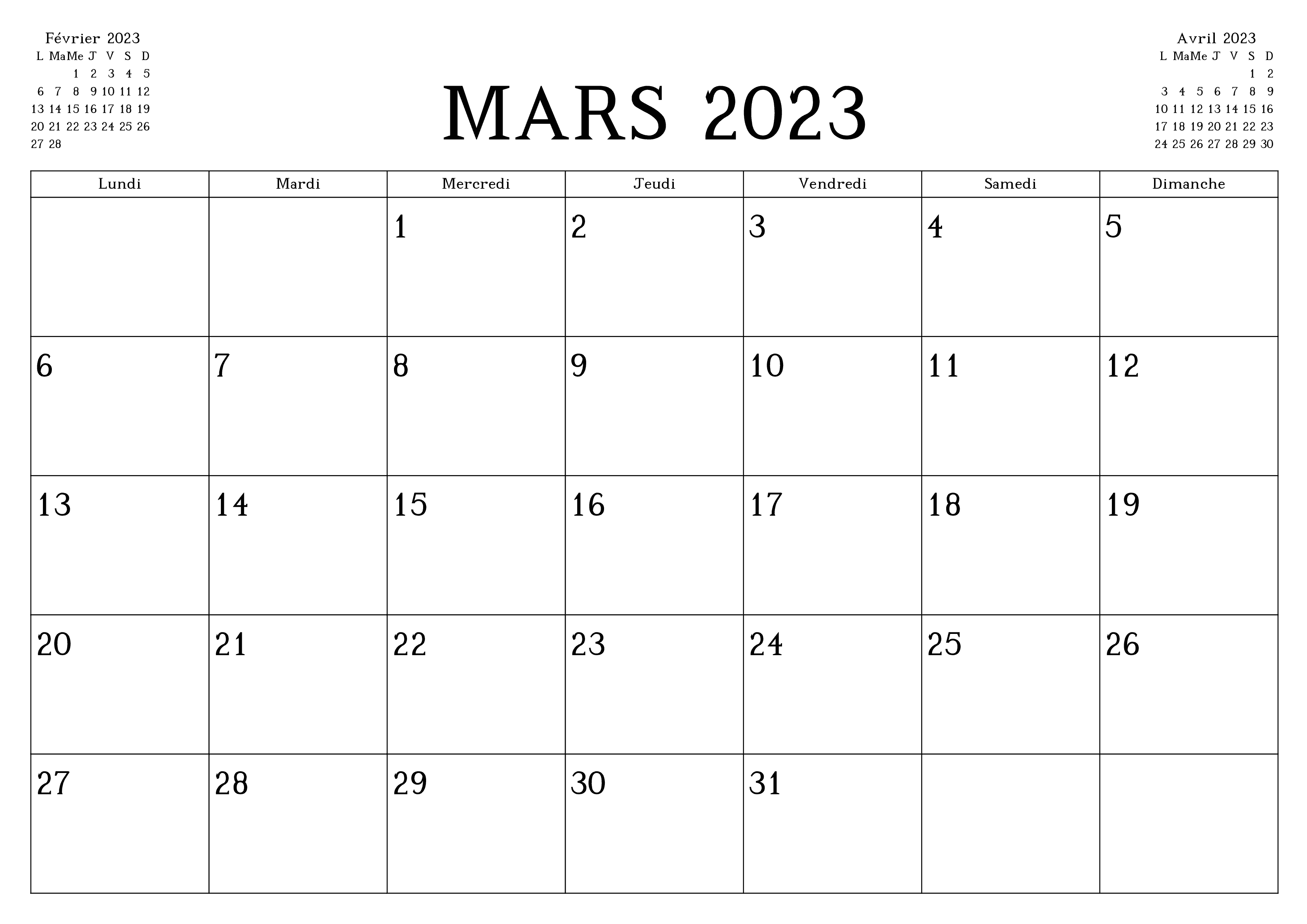 Calendrier Mars 2023