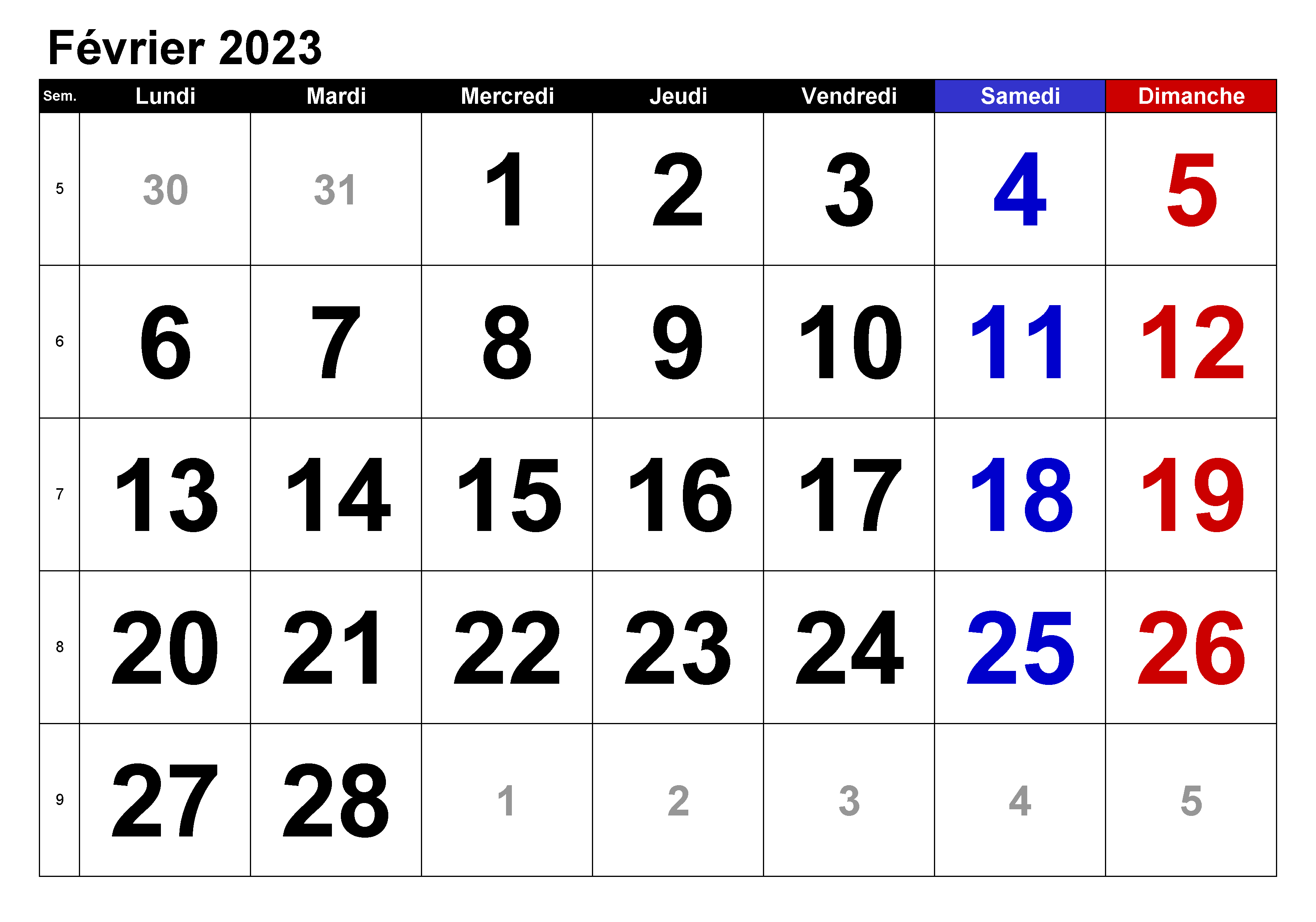 Février Calendrier 2023