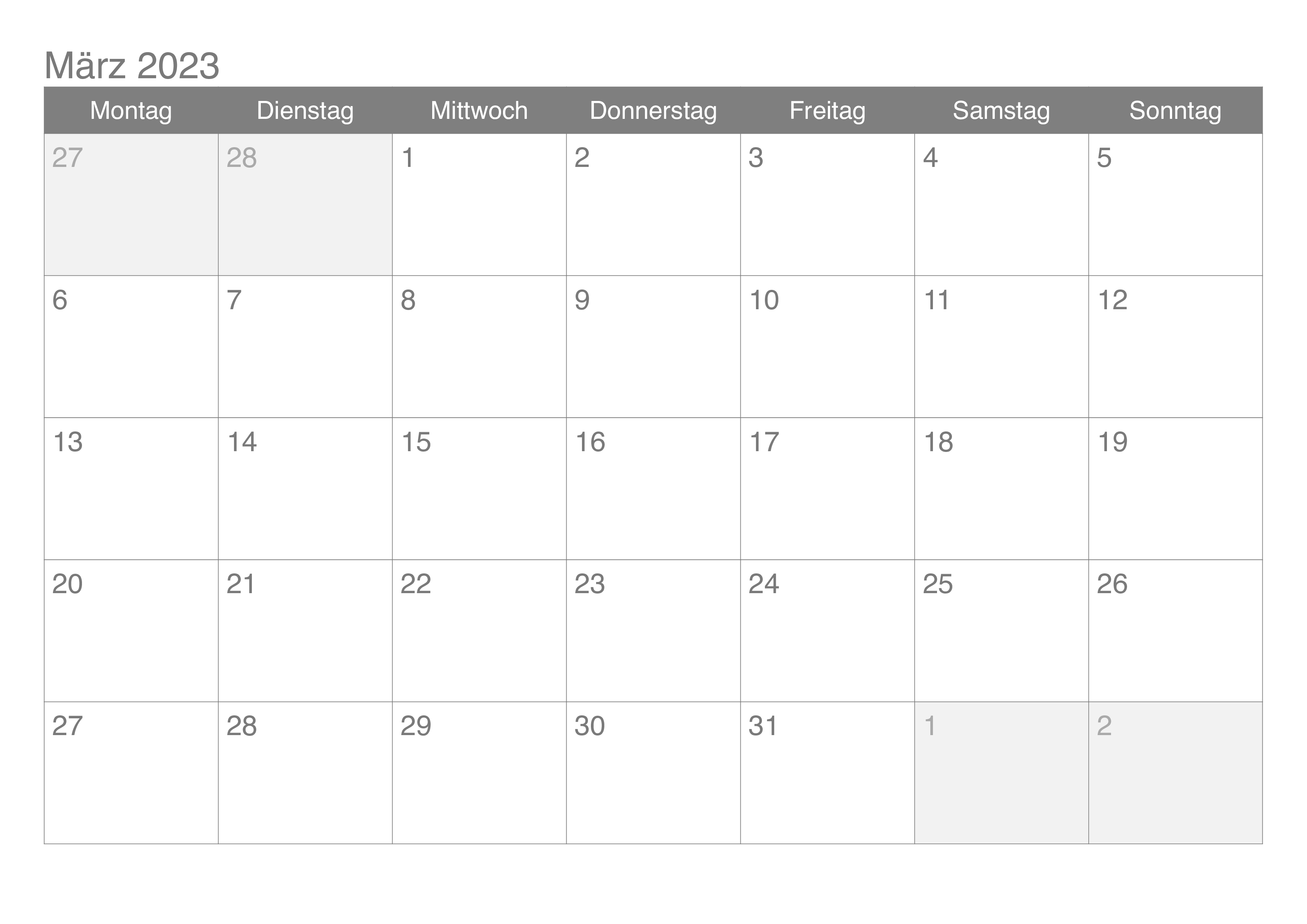 Kalender März 2023 Tabelle